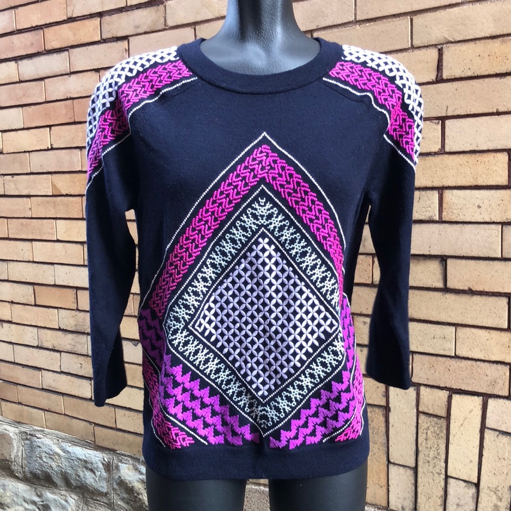 J. Crew Navy iPink Purple Lilac Geometric Embroidered Sweater Size Medium